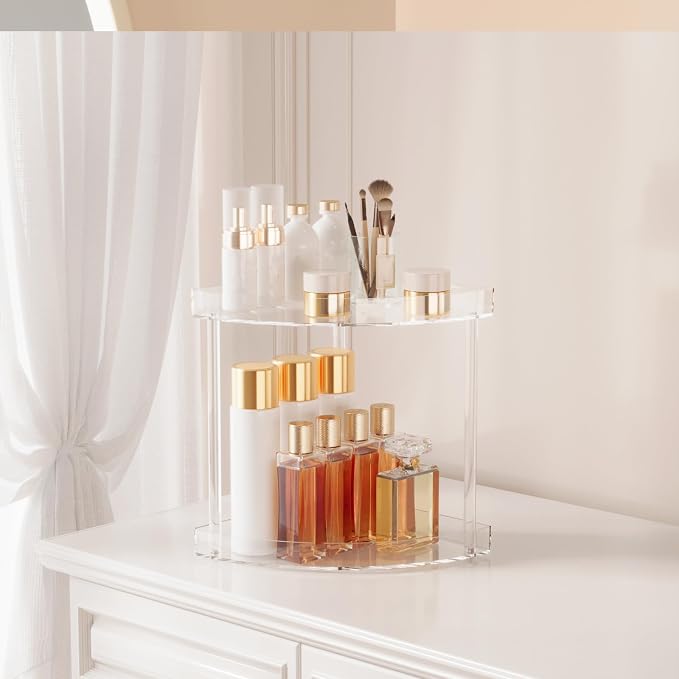 Bathroom Counter Organizer Countertop 2 Tier Storage Acrylic Corner Makeup Organizer for Makeup, Perfume, Vanity, Spice Rack, Bathroom Sink, Coffee Station(Clear)