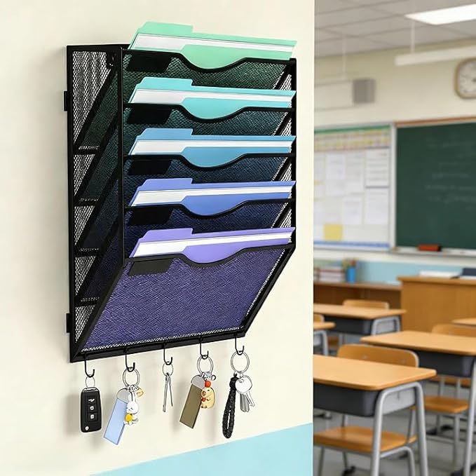Gawerk Hanging Wall File Organizer with 5 Hooks - Wall Mounted Mail Paper Document Folder Holder, Sturdy Mesh Magazine Rack for Office Home (5 Tier)