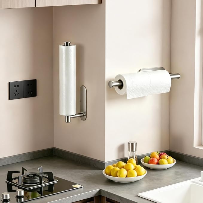 Paper Towel Holder, 2-Pack US304 Stainless Steel Wall Mount Rack, Self-Adhesive No Drilling, Rustproof Space Saving Under Cabinet Mount, Organizer for Kitchen, Bathroom, RV, Pantry (Silver)