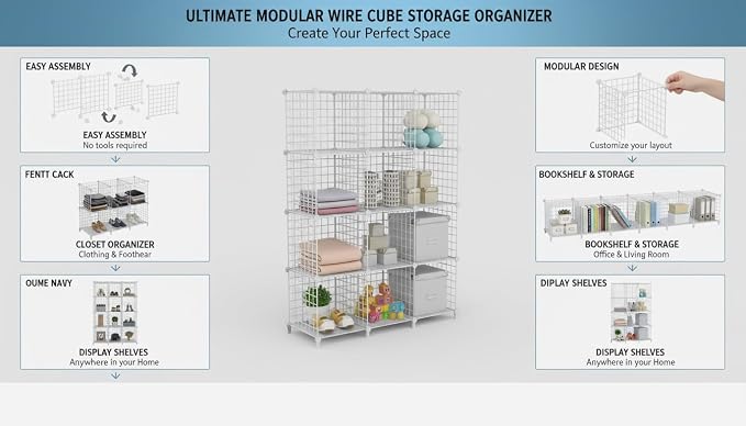 12-Cube Storage Organizer Metal Wire Shelf for Closet Office White | Sturdy 11.8" metal wire grid, modular snap-together, tool-free. Versatile for bedroom, closet, office, craft, entryway.