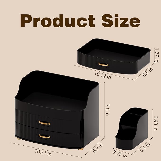 Makeup Organizer for Countertop Vanity Skincare Storage for Perfume Lipstick Bathroom Dresser Desk with Drawers And Brush Holder (Black)