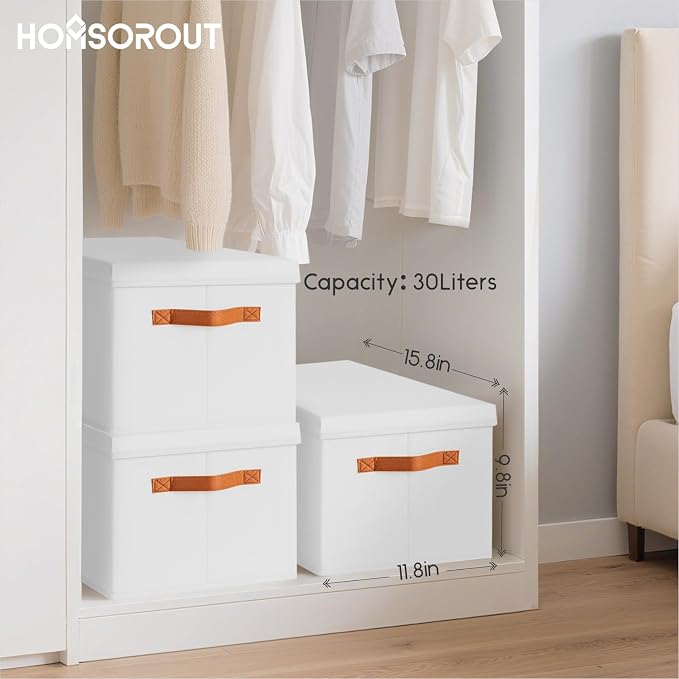 Homsorout Storage Bins with Lids - Large Fabric Closet Bins with Lid, 8 Pack Clothes Organizers and Storage, Collapsible Stackable Cube Basket for Home, Office, Dorm, White