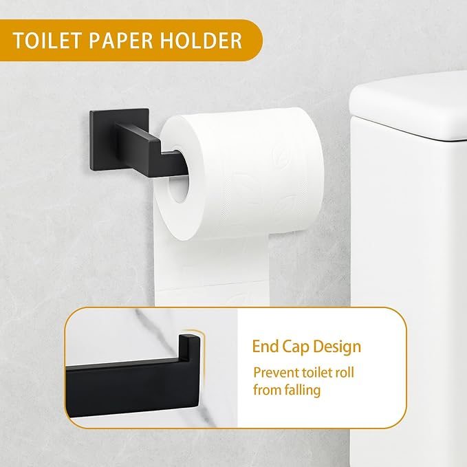 5-Piece Matte Black Bathroom Hardware Accessories Set - 16 Inch Stainless Steel Wall Mounted Towel Rack, Toilet Paper Holder, Towel Ring & 2 Hooks, Bathroom Organizer and Storage