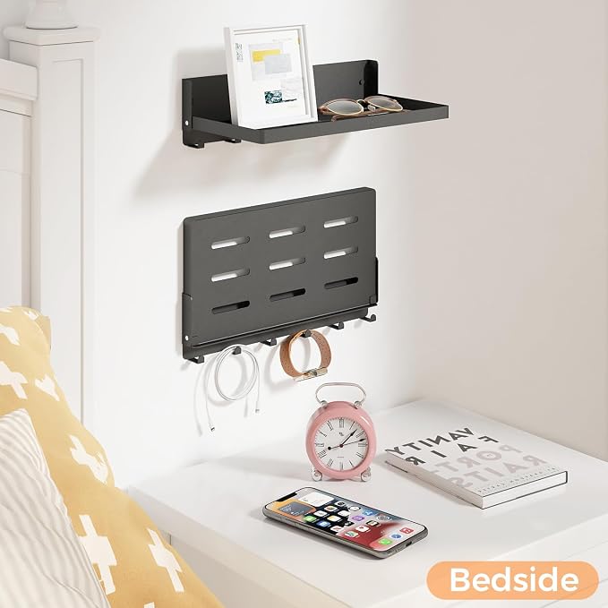 Small Folding Metal Shelf with Hooks, Fold-up Wall Shelf, 6 Hooks, Drop Down Floating Shelf for Laundry Room, Kitchen, RV, Toilet Room, Garage, Utility, Black(11.8", 1 Pack)
