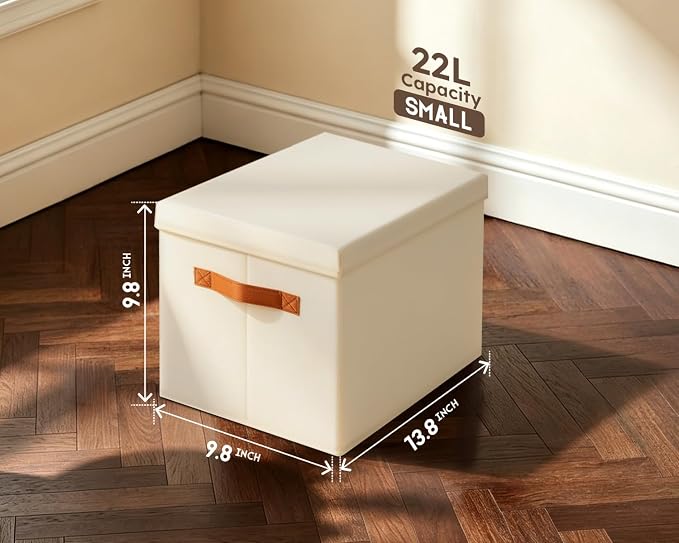 Homsorout Storage Bins with Lids - Fabric Storage Baskets for Shelves, 6 Pack Foldable Decorative Boxes with Handles, Stackable Organizer Bins for Home, Nursery, Dorm, Beige