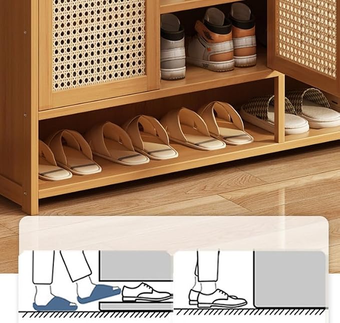 SACSTAR Shoe Storage Cabinet 23.6" L x 12.6" W x 36.6" H Compact Entryway Shoe Rack with 2 Doors & 7 Shelves, Natural Bamboo & Rattan Design Ideal Shoe Organizer for Small Spaces