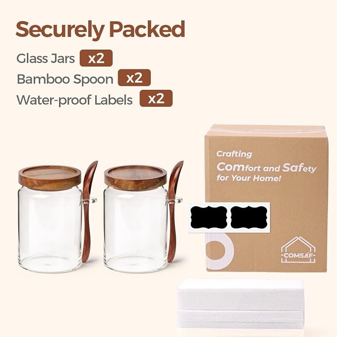 ComSaf Coffee Storage Canister with Acacia Wood Lids & Scoops 0.8Qt 2Pack | Glass Containers for Coffee Lover, Whole Beans Grounds Sugar, Coffee Bar & Office Tabletop, Jars with Labels, Lead-Free