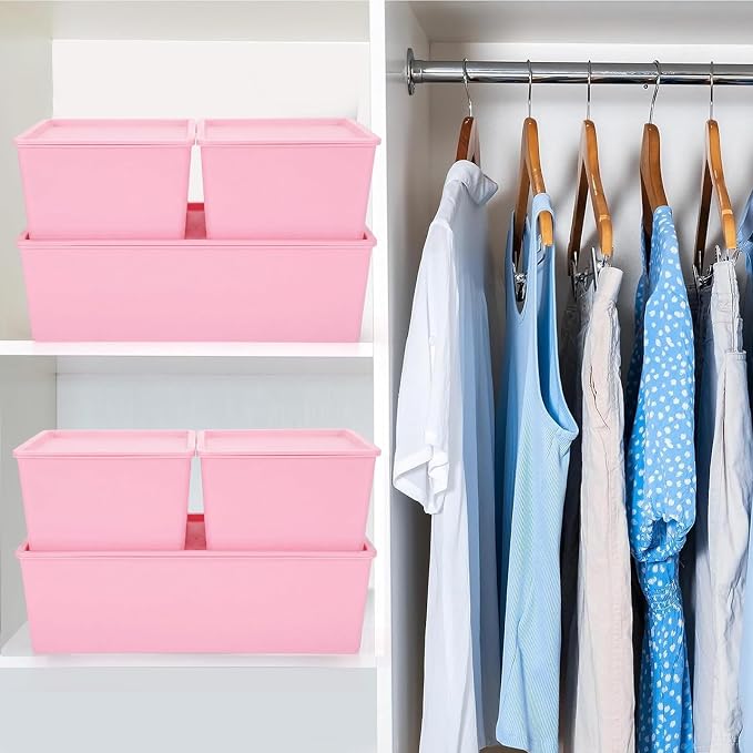 6 Pcs Large and Small Plastic Storage Bins with Lids 14.4 x 10.4 x 5.1 Inch Stackable Storage Containers Decorative Cubby Organizer for Clothes Shelves Garage Closet Office(Pink)