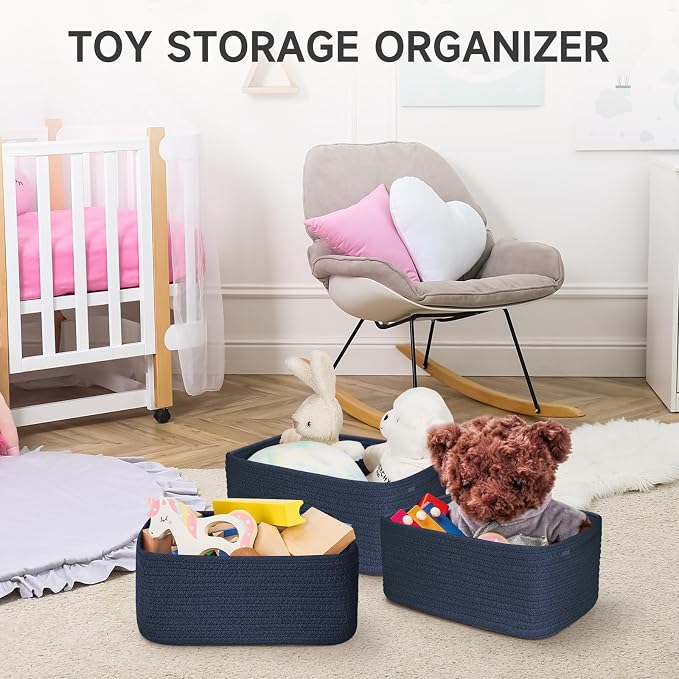 3-Pcs Shelf Baskets for Organizing, Closet Organizer Bins, Small Woven Baskets, Rope Toy Basket, Storage Basket for Shelves, Cube Decorative Box, 11.8×7.8×5.1”|Navy Blue