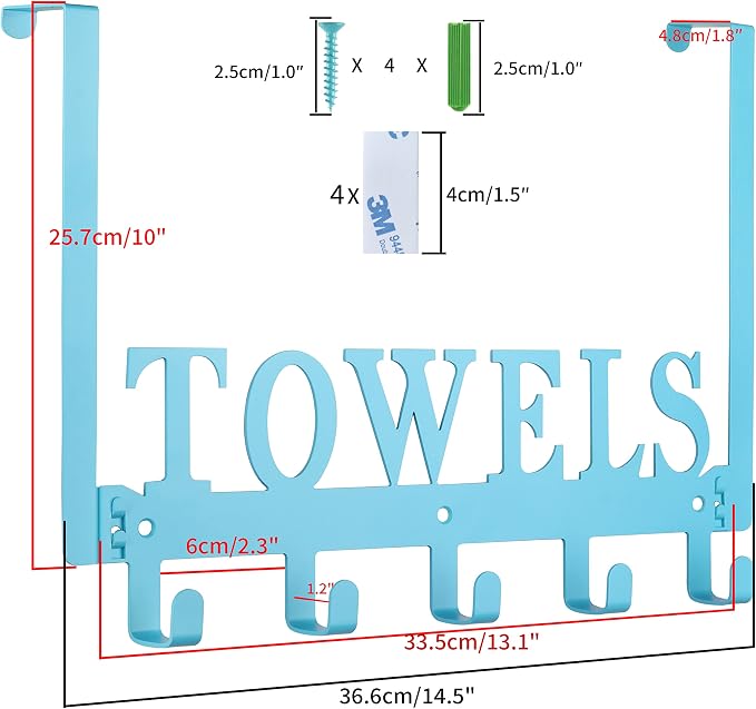 Kuhome Over The Door Towel Holder - Hooks & Rack for Bathroom, Robe & Beach Towels (Blue)