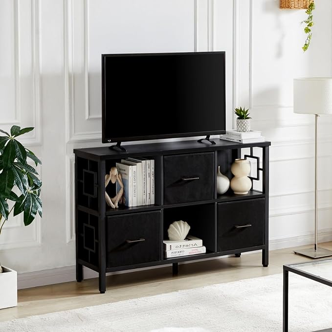 HOMISSUE 6 Cube Storage Organizer Shelf, Rustic Short Bookshelf with 3 Storage Bins, Industrial Horizontal Bookshelf with Metal Frame, Low and Wide Cube Bookcase for Living Room and Office, Black