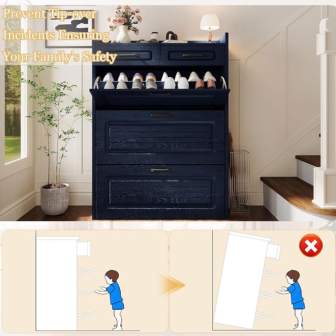 ODUWA Shoe Cabinet with 3 Flip Drawers and 2 Storage Drawers, Shoes Organizer Cabinets with Adjustable Divider, Hidden Shoe Storage Cabinet for Entryway, Hallway, Living Room, Blue