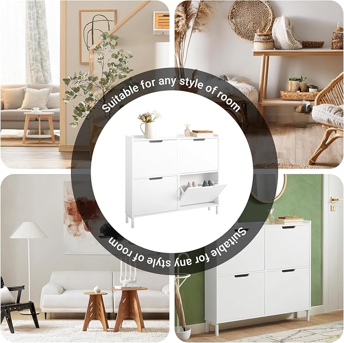 Haotian Ultra Thin Shoe Cabinet with 4 Flip-Drawers | Narrow Enclosed Shoe Rack, Slim Shoe Storage Organzier Entryway, White, FSR100-W