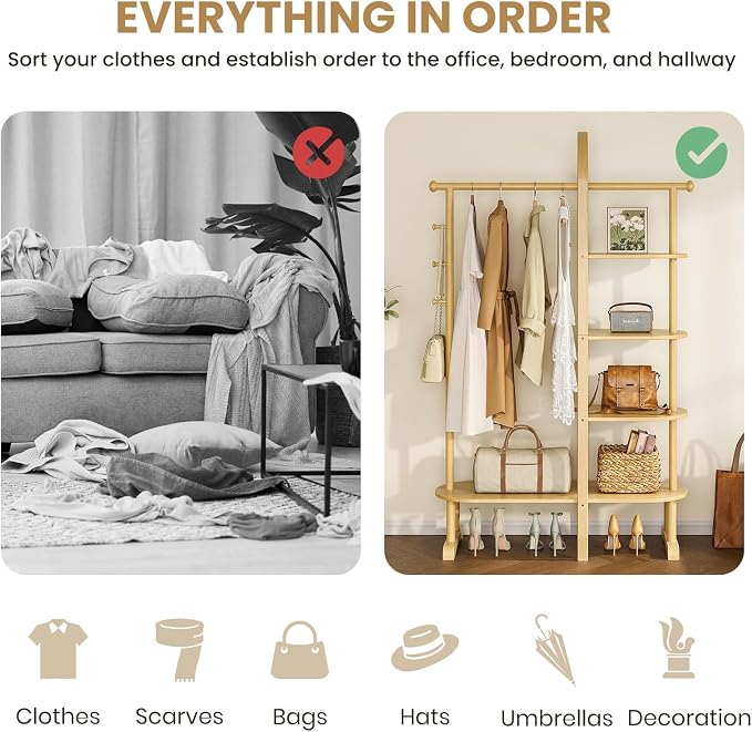 41.3" Wide 3-in-1 Freestanding Clothing Rack, Wooden Coat Rack with 4 Shelves and 5 Hooks,Solid Rubber Wood Coat Rack with Shelves for Entryway, Bedroom, Living Room,Natural