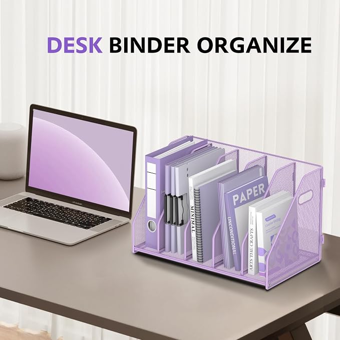 SUPEASY Binder Organizer, Magazine File Holder with 5 Vertical Rack, Purple | Metal Desk File Organizer & Binder Holders, Magazine Organizers for Office Desktop, Home, School, Classroom