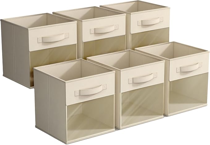 Sorbus 11 Inch Storage Bins with Clear Window - 6 Foldable Baskets for Organizing Clothes, Toys, Books - Sturdy Collapsible Fabric Storage Cubes with Handle - Storage Baskets for Shelves, Closets