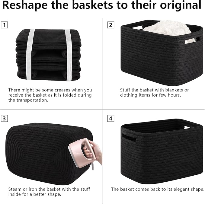 4 Pack Storage Baskets for Organizing Toys, Towels, and Clothes, Woven Basket for Shelves, Sturdy Nursery Cube Bins for Storage, 13''L x9''W x7.8''H, Black