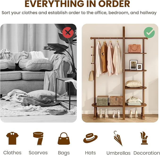 41.3" Wide 3-in-1 Freestanding Clothing Rack, Wooden Coat Rack with 4 Shelves and 5 Hooks, Solid Rubber Wood Coat Rack with Shelves for Entryway, Bedroom, Living Room, Walnut