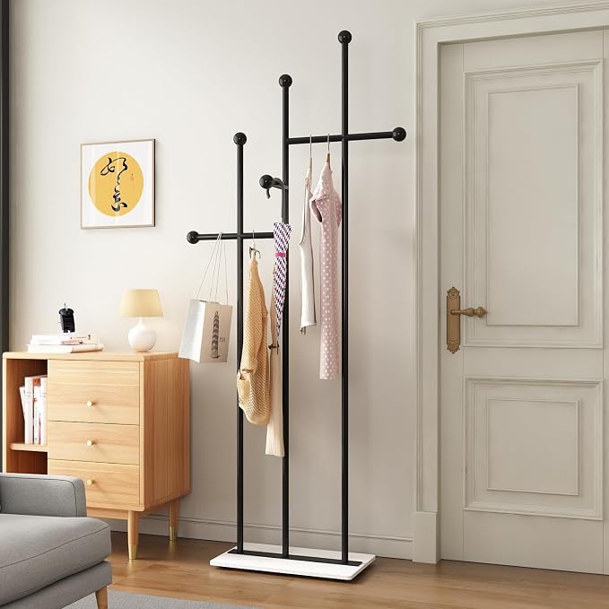 Modern Coat Racks with Marble Base Heavy Duty Clothes Rack Metal Coat Tree for Clothes Hats Scarfs Totes-19.7''L, BLACK