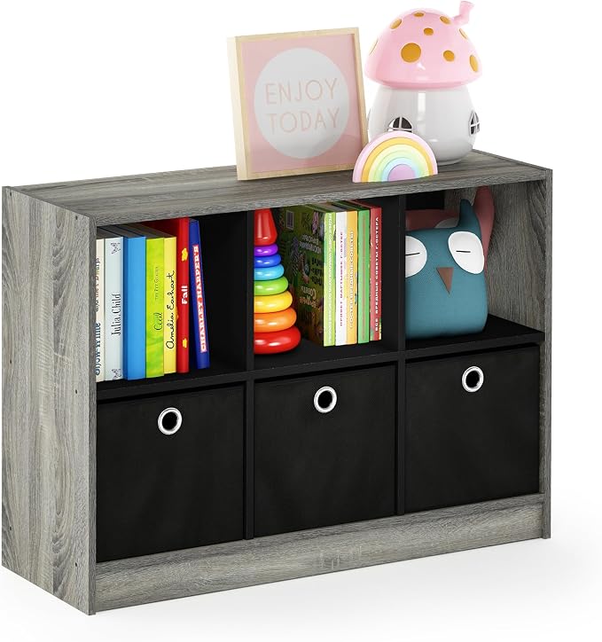 6-Cube Bookshelf with Storage Bins, Cube Bookcase, Book Shelf with Storage Bins, 11.9 x 31.6 x 23.6, for Organization and Storage, Home Office, Living Room, French Oak
