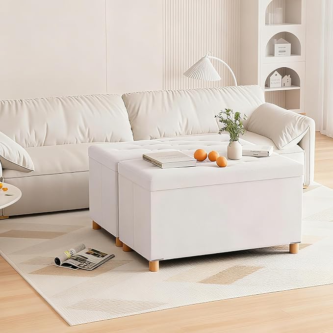 BRIAN & DANY 30 Inches Folding Storage Ottoman Bench, Ottoman with Storage for Living Room, with Wooden Feet and Lid, White