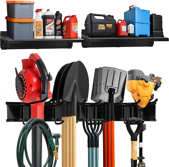 TIDYME Garage Tool Organizer Wall Mount 64", 2 Shelves & 4 Double Hooks | 2x16.5 in floating shelves hold 120 lbs each, 10 in double-layer hooks, anti-rust carbon steel, garage organization