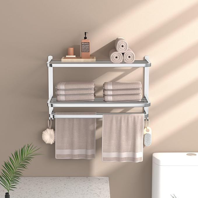 23 Inches 3-Tier Towel Racks for Bathroom with Towel Bars Multilayer Hotel Towel Shelf Stainless Steel Wall-Mounted Brushed Finish Holder with Towel Shelves