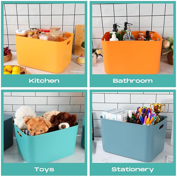 8 Pieces Colorful Storage Bins with Lid, Plastic Storage Basket Organizing Container Stackable Box with Handle for Shelves Desktop Playroom Office(16.1 x 12.0 x 9.7 Inch,Multi-colored)