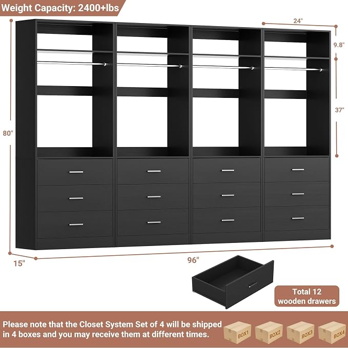 Besiost Closet System Set of 4, 8FT Closet Systems with 12 Wood Drawers, 96" Closet Organizer System with 4 Hanging Rods & 4 Shelves, Heavy Duty 96 Inch Walk-in Closet, Black (96"L x 15" W x 80" H)