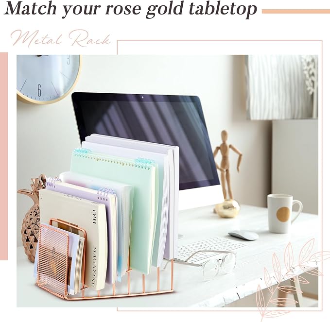 2 Pcs 7 Section Wire File Organizer for Desk, Metal Mesh Incline File Holder, Letter & Magazine Folder Rack, Desktop Paper Sorter for Home Office Back to School (Rose Gold)