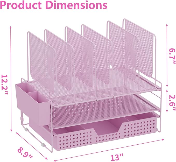 LEKETREE Pink Desk Organizer, Office Organization with Vertical File Holder, File Organizer with Drawer and Pen Holder, Desk Accessories and Workspace Organizers for Home Office (Pink)