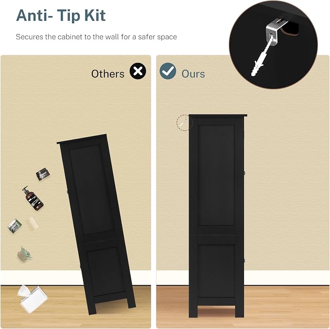 Storage Cabinet with 4 Doors, Kitchen Cabinet with 6 Door Shelves | Kitchen Pantry Cabinet with Adjustable Shelves, for Living Room, Dining Room, Bathroom, Black
