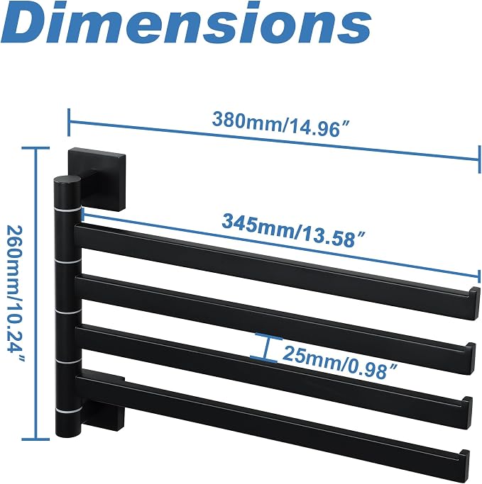 Alise 4 Arm Swivel Towel Rack, Matte Black Swivel Out Towel Bar, 13.6 Inch | Space Saving Swing Arm Towel Rack for Bathroom Kitchen Outdoor, 180° Rotating, SUS304 Stainless Steel