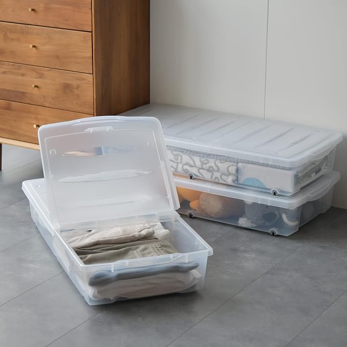 Citylife 2 Packs 57 QT Plastic Under Bed Storage Bins with Double-opening Lids Clear Underbed Storage Containers with Wheels for Organizing Shoes, Blankets, Clothes