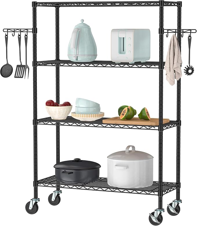 Folews 4-Tier Shelving Unit with Wheels, Metal Rolling Storage Shelves | NSF Certified, Adjustable Layer, Steel Wire Shelving Rack for Kitchen Garage Pantry Home Office, Black (14D x 36W x 57H)