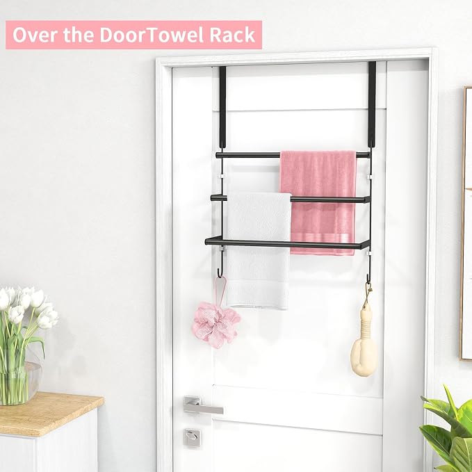 FLE Over The Door Towel Rack, Door Towel Bar, Black | Over Door Design, Stainless Steel Door Towel Rack, Rust-Resistant; Space-Saving for Bathroom, Hangs Bath Towels