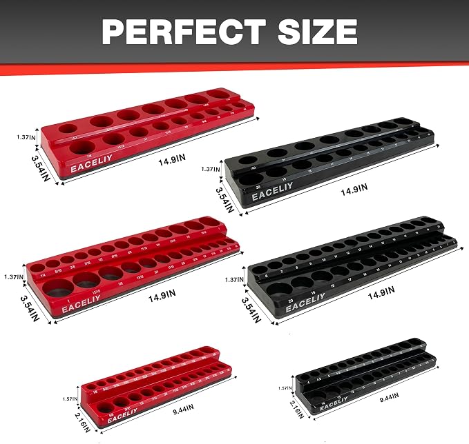 EACELIY Magnetic Socket Organizer Set, 1/2", 1/4" and 3/8" SAE & Metric Deep & Shallow Socket Holder Kit, holds 141 stanard Sockets, attaches to steel box/tool cart (sockets not included) 丨6PCS