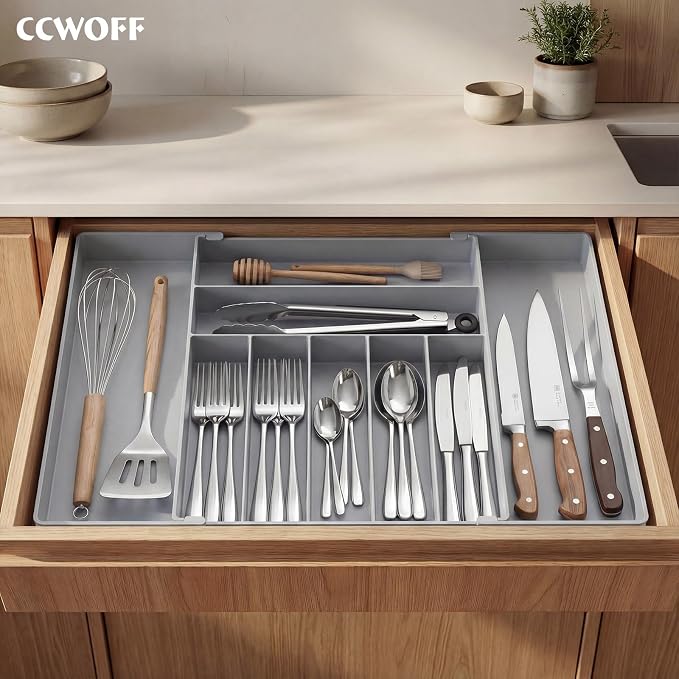 Silverware Drawer Organizer, 9 Slots Expandable Kitchen Drawer Organizer | Extra Large Utensil Holder & Cutlery Tray, Heavy Duty Stainless Steel Frame Flatware Organizer, Non-Slip Feet Included, Gray