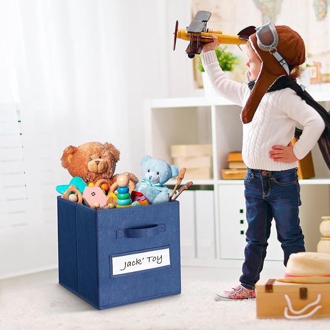 13x13x13 storage cube bins (Set of 10) Fabric storage cubes with 10 Labels Window Cards & a Pen, storage cubes 13x13, Collapsible 13 inch cube storage bins, Cubby Organizer Boxes, Navy Blue
