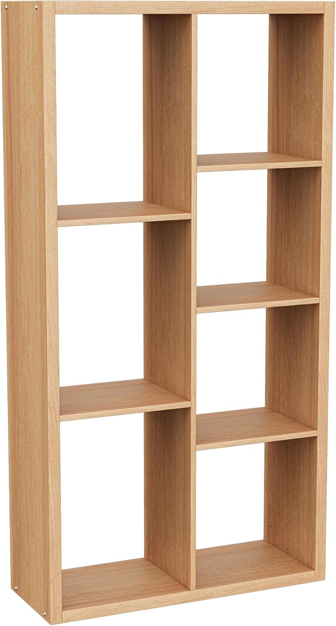 VDNEND Cube Storage Organizer Bookcase, Decorative 11 inch Open Back Cubical Shelf with Thickened Border, Display Bookshelf for Living Room, Home Office, Sturdy Room (Natural Oak, 7 Cube,Standard)
