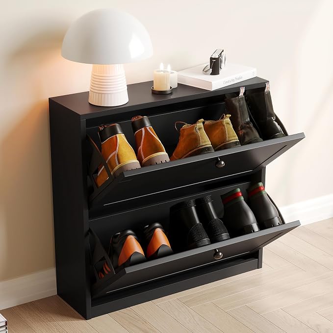 VOWNER Shoe Cabinet with 2 Flip Drawers, Freestanding Shoe Storage Cabinet with Adjustable Shelf & Anti-Tipping Device, Shoe Rack for Entryway, Hallway, Living Room (Black)