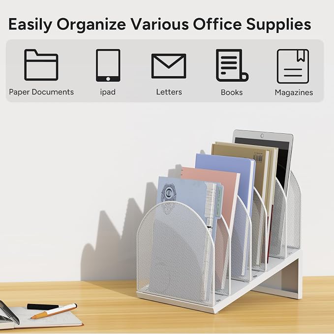 5-Section Desk File Organizer | Metal Mesh Folder Organizer for Documents, Mail & Office Papers (White)