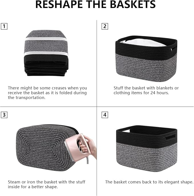 4 Pack Storage Baskets for Organizing, Woven Baskets for Shelves - Perfect for Toys, Books, Towels, and Clothes, Durable Gift Basket Bins Toy Storage, 12.7''Lx9''Wx7.8''H, Dark Grey and Black