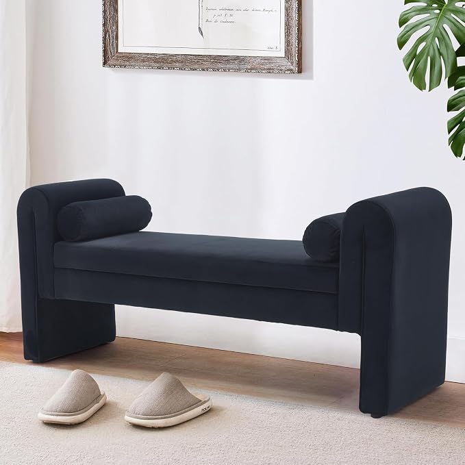 Modern Bench for Bedroom End of Bed, 60.5" Velvet Upholstered Rolled Armed Stool Bench, Sofa Ottoman Long Bench with 2 Pillows for Entryway/Bedroom/Hall (Black-60.5 Inch)