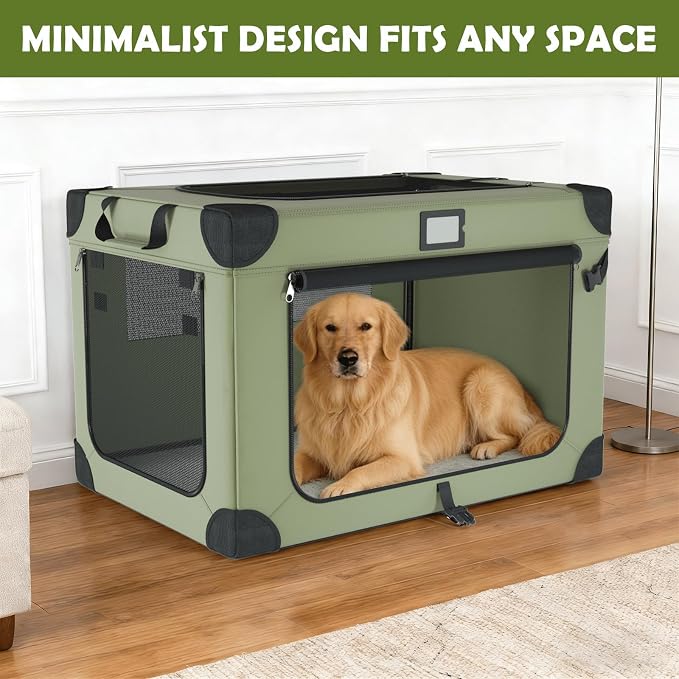42 Inch Travel Collapsible Dog Crate Green with Signature Card,Storage Bag | Chew-Proof Mesh Window,Sturdy Frame,Soft Blanket & Foldable Bowl,Waterproof & Easy to Clean,Portable for Camping,Mesh Windows