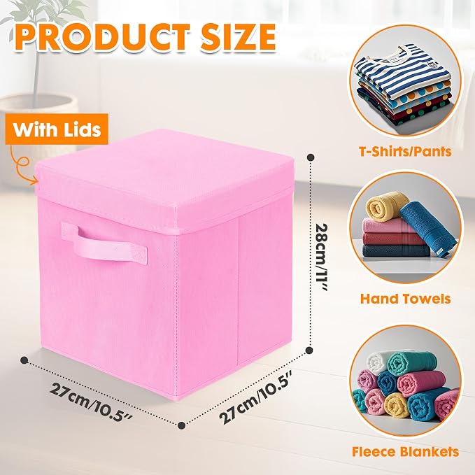 ShellKingdom Storage Bins, Foldable Fabric Storage Cube with Lid for Closet | Clothes Storage Organizer Drawer For Closet Toys Storage, 10.5 X 10.5 X 11 INCH, 2 Pack (Pink)