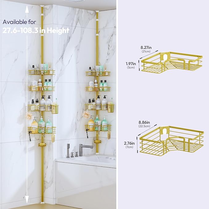 SWTYMIKI Shower Caddy Tension Pole - 4-Tier Corner Shower Organizer Tension Rod with Soap Holder, Toothbrush Holder & 4 Hooks, Adjustable Stainless Steel Bathroom Organizer 27.6 to 108.3 inch, Gold