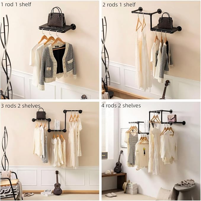 Industrial Pipe Clothing Rack, Wall Garment Rack, Hanging Clothes Rack | Heavy Duty Iron Clothes Bar/Rod, Space-Saving Clothing Hanging Rails with 2 Shelves for Closet Home Bedroom Retailer Laundry