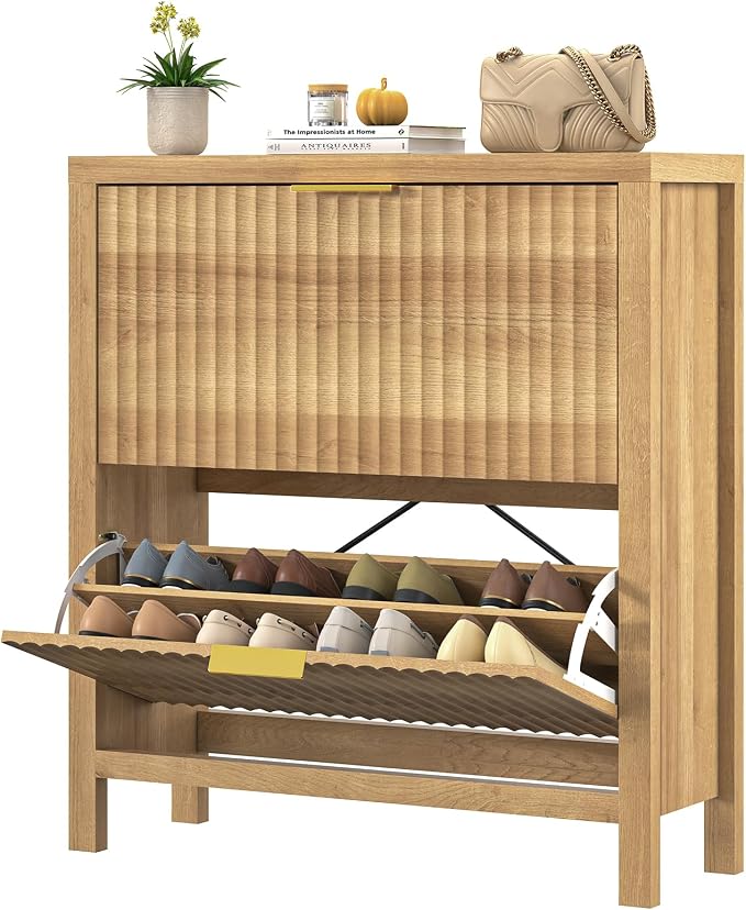 Fluted Shoe Cabinet Storage with 2 Flip Drawers for Entryway, Hallway | Narrow Shoe Rack Freestanding Shoe Organizer with Legs for Entryway,Hallway, Oak