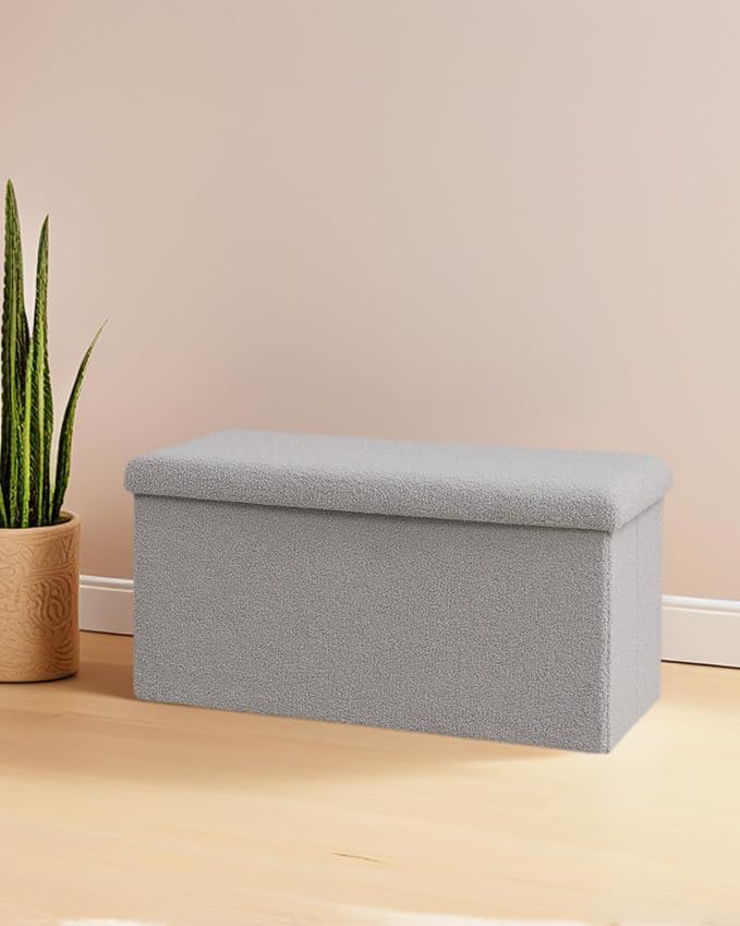 30 Inch Storage Ottoman Bench, Boucle Folding Ottoman Footstool, Rectangular Sherpa Footrest Storage Bench for Bedroom, Living Room, Entryway, Dorm, Grey